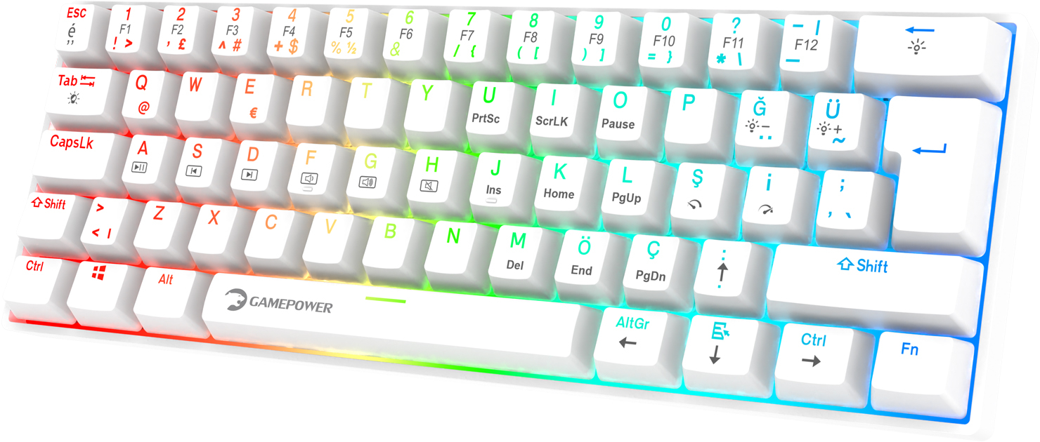 GamePower Lyra RGB 60M 62 Tuş Mekanik Kablolu Red Switch Klavye, Beyaz
