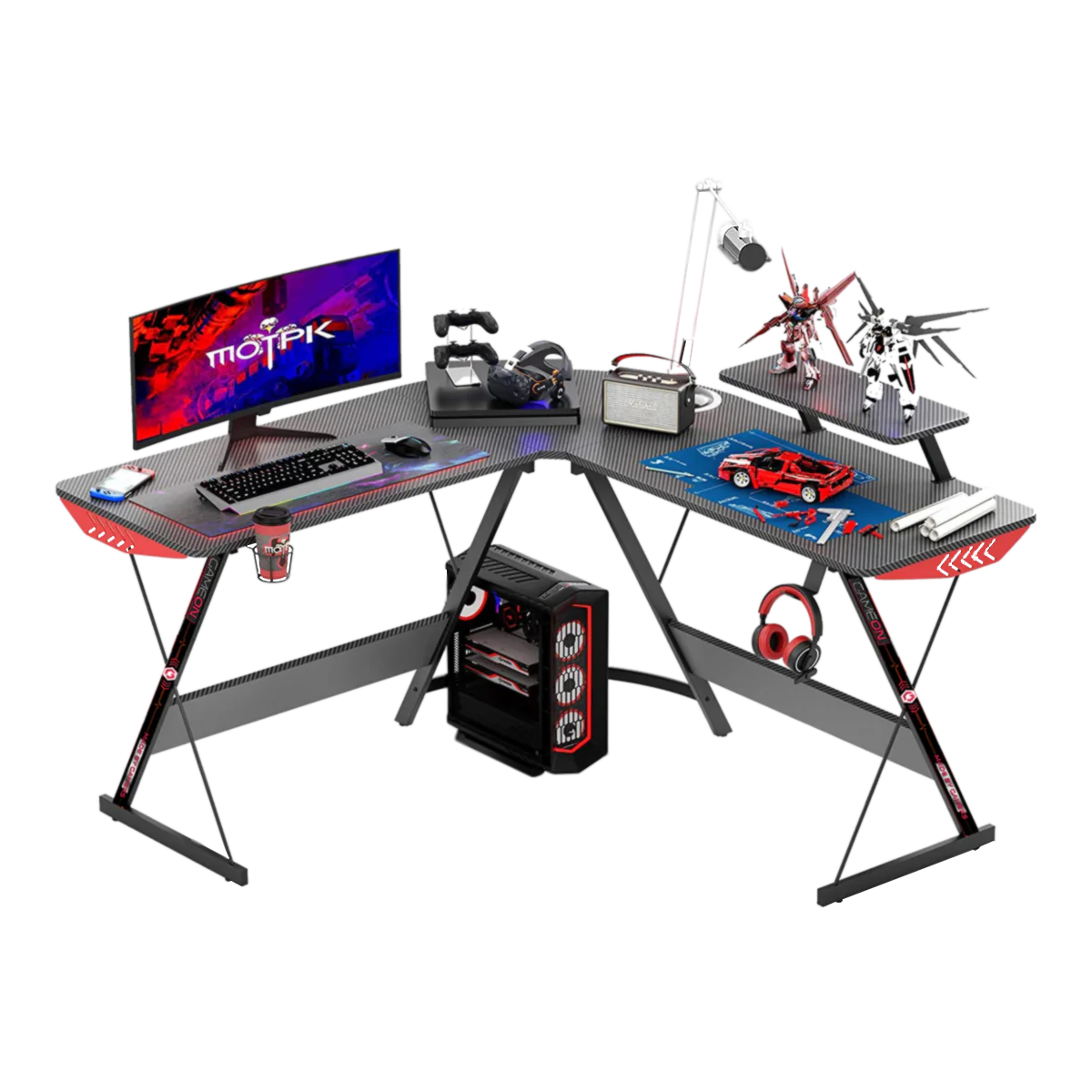 GameOn Slayer I Serisi, Ayarlanabilir Ayak Pedleri ile 129x129x74 CM L Şeklinde Oyuncu Masası, Siyah