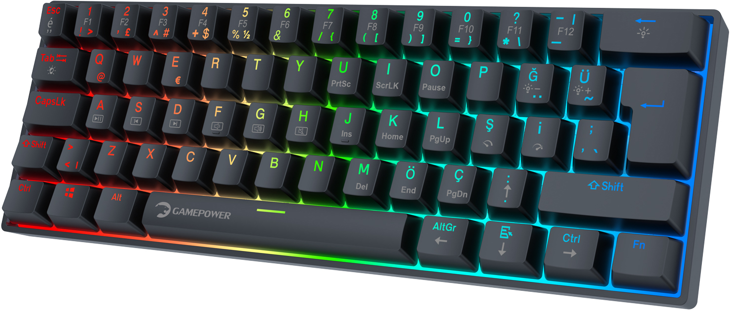 GamePower Lyra RGB 60M 62 Tuş Mekanik Kablolu Red Switch Klavye, Siyah